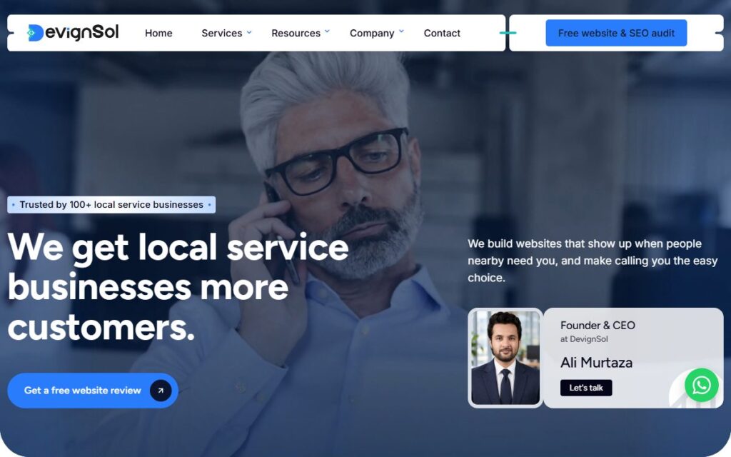 The DevignSol homepage, a web design and SEO company for local service businesses